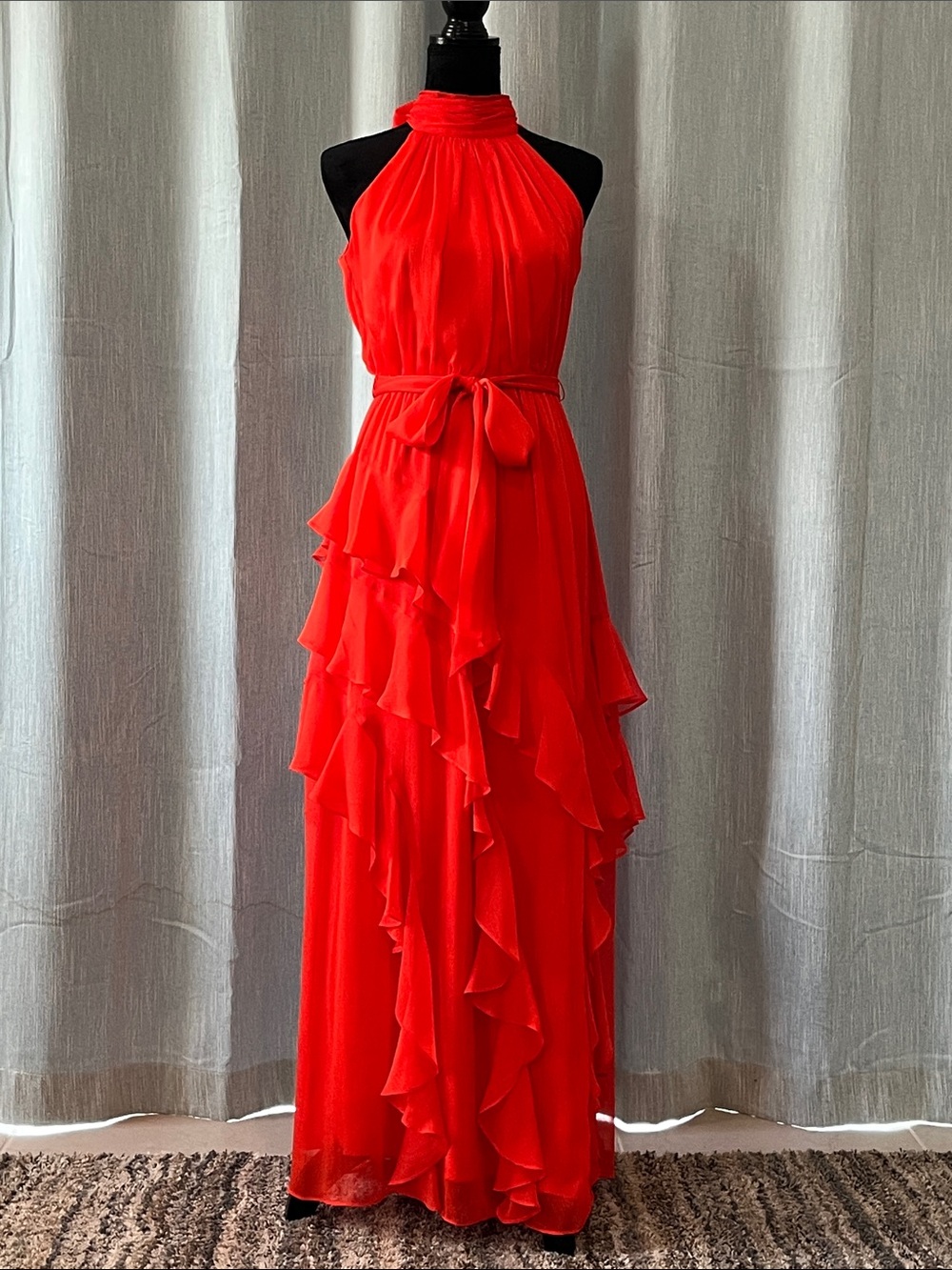Alex Marie Orange Red Halter Ruffle Maxi Dress